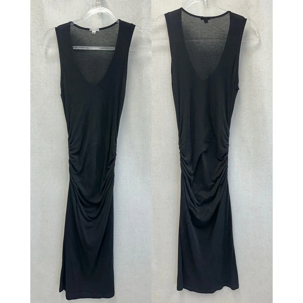 James Perse Tencel Solid Black Ruched Midi Dress Womens Size 3 Minimalist LBD